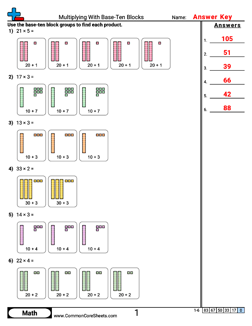 3rd Grade Multiplying By One Digit (Oklahoma) Worksheets - Multiplying With Base-Ten Blocks worksheet