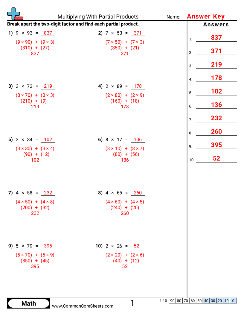 Multiplying With Partial Products worksheet