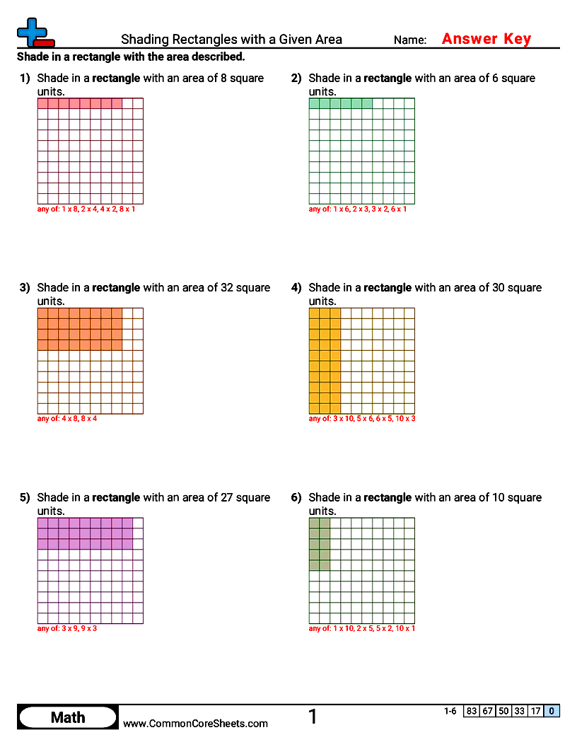 Area & Perimeter Worksheets - Shading Rectangles with a Given Area worksheet