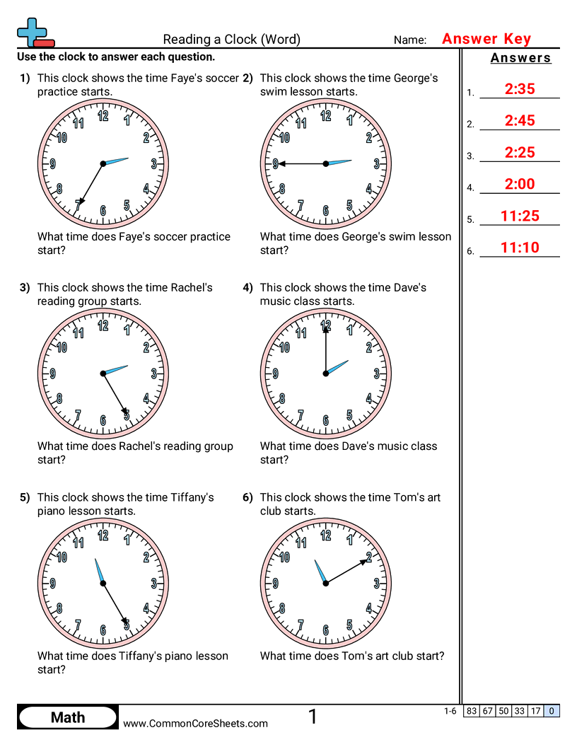 CCSS 3.MD.1 Worksheets - Reading a Clock in Words worksheet