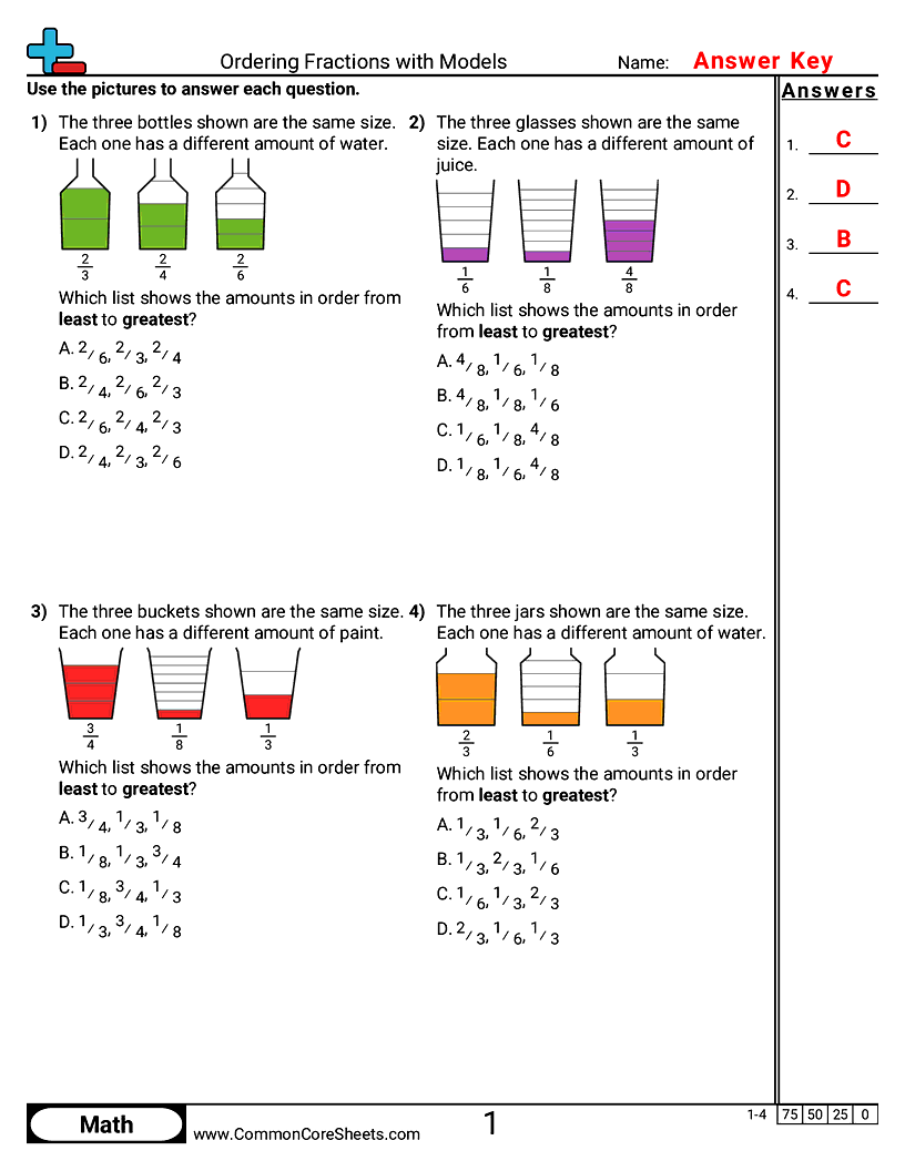 Fraction Worksheets - Ordering Fractions with Models worksheet