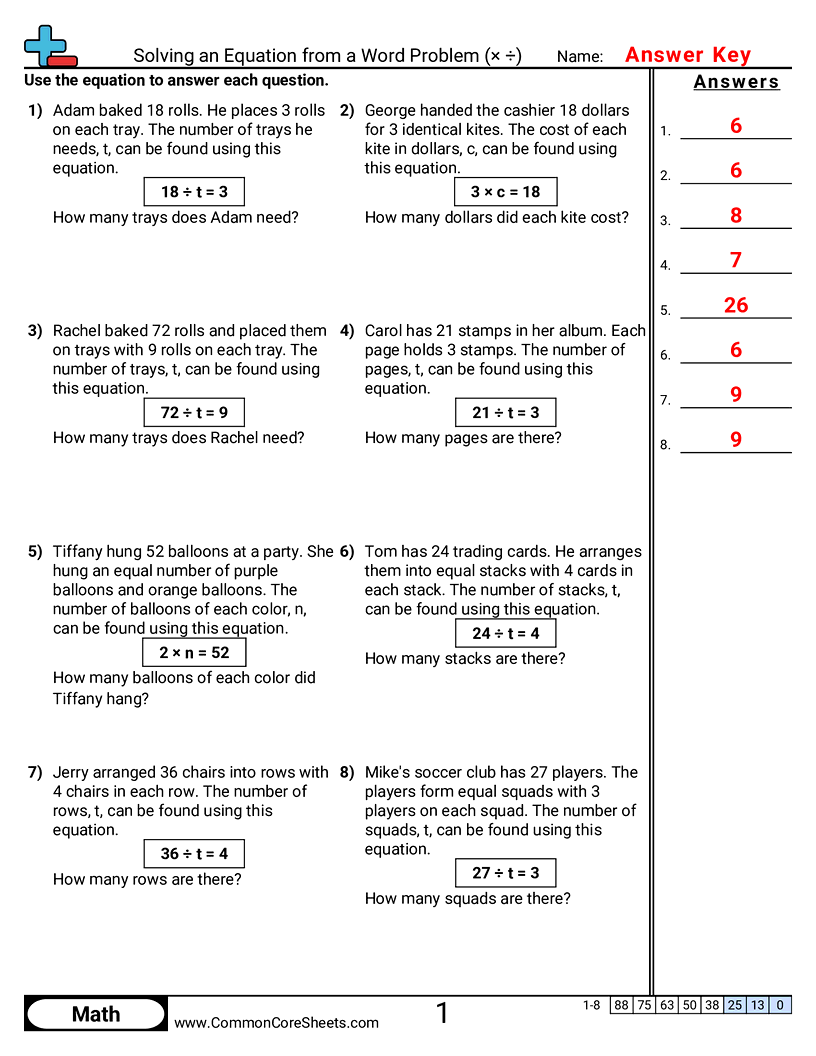 Value & Place Value Worksheets - Solving a Given Equation from a Word Problem (Multiply & Divide) worksheet