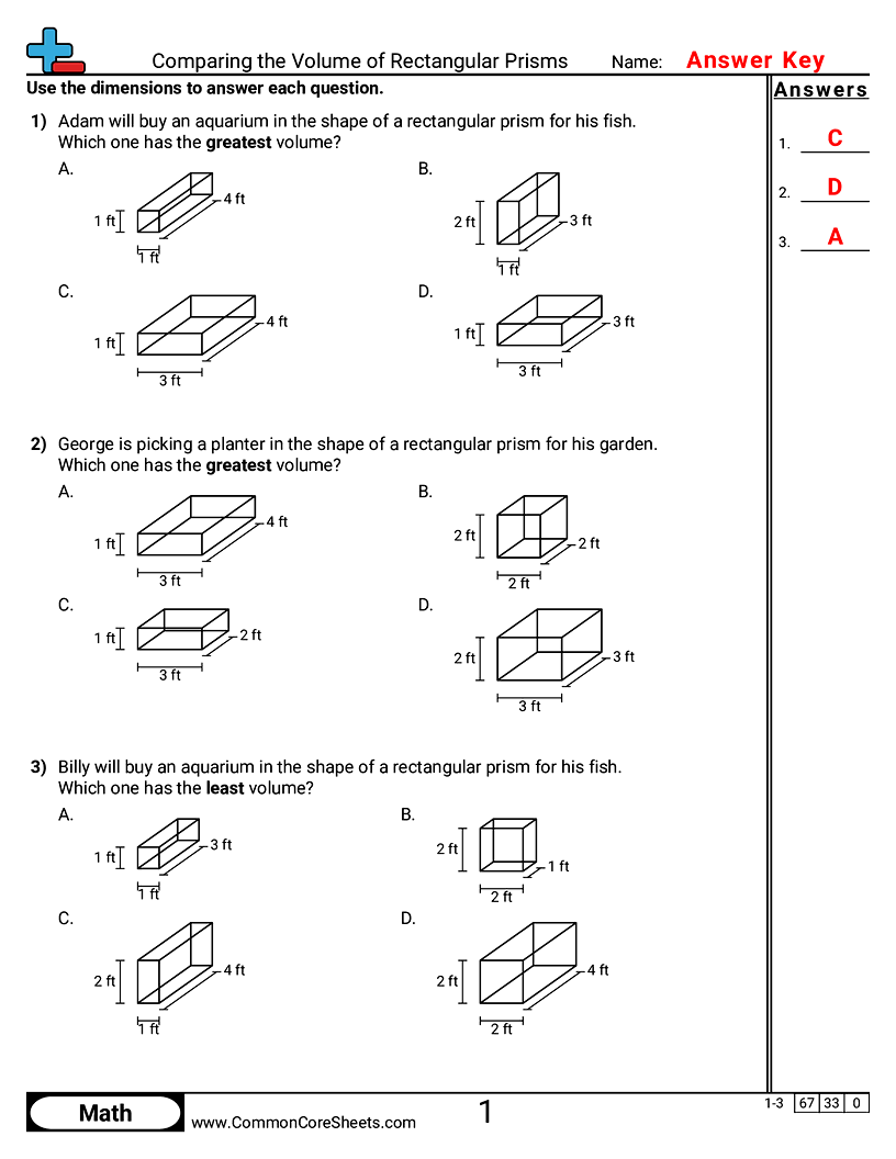 CCSS 5.MD.5B Worksheets - Comparing the Volume of Rectangular Prisms worksheet
