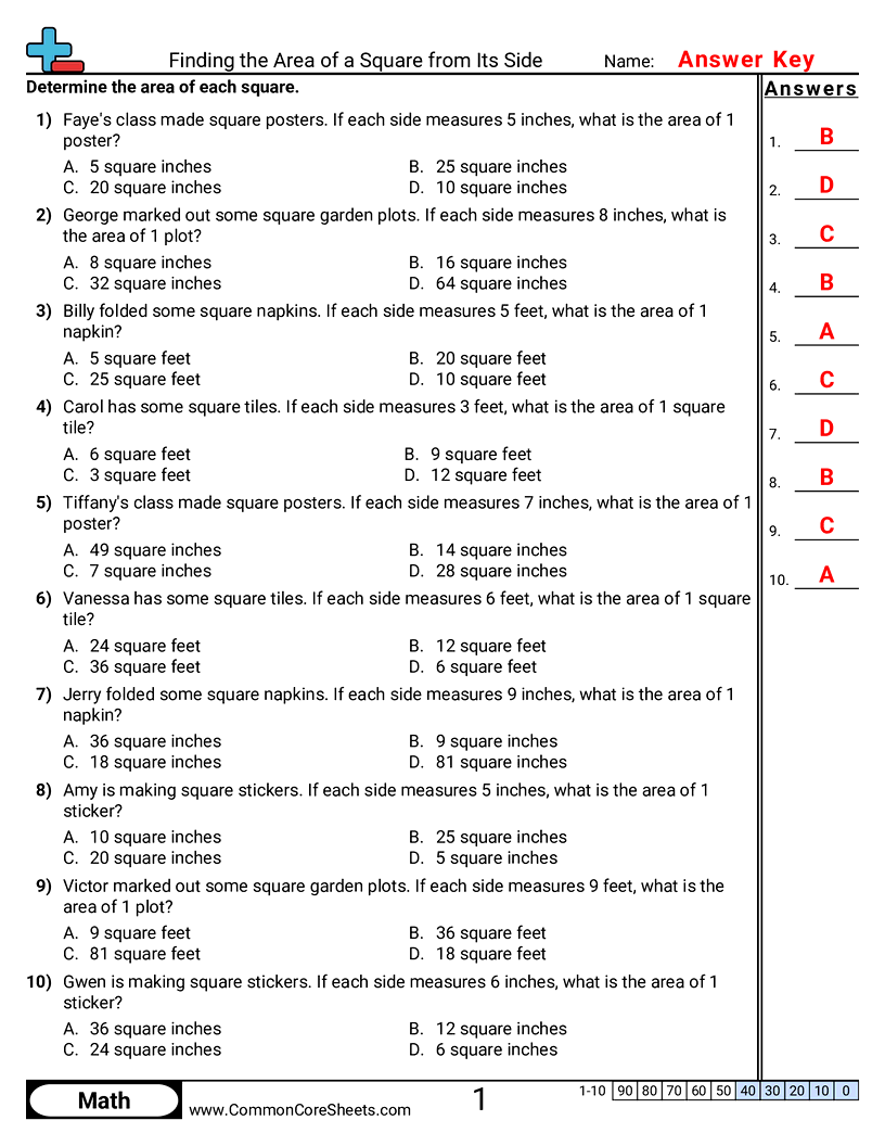 Area & Perimeter Worksheets - Finding the Area of a Square worksheet