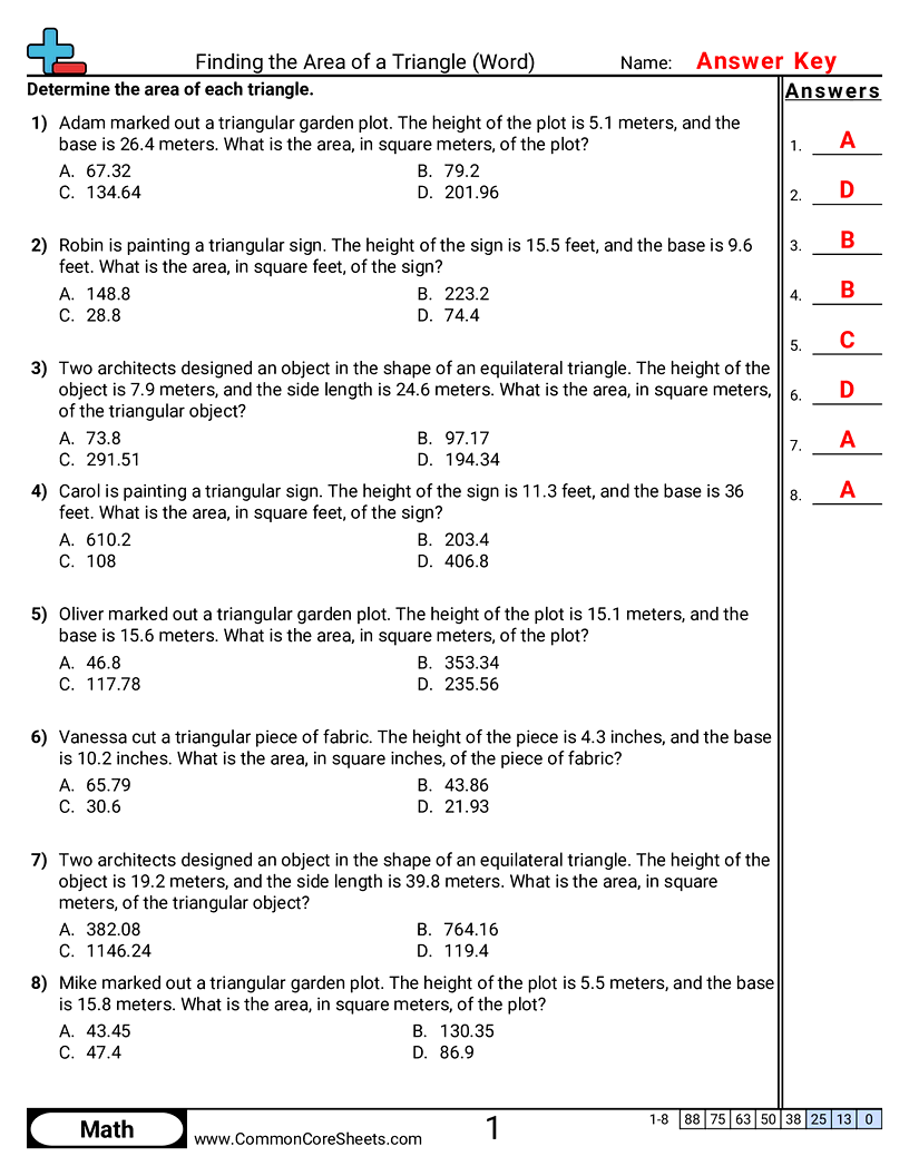 Area & Perimeter Worksheets - Finding the Area of a Triangle Word Problems worksheet