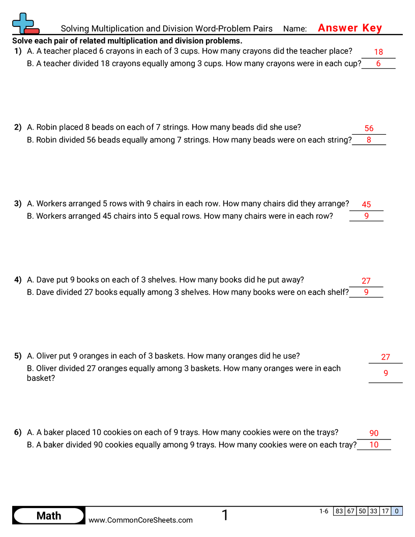 OAS 3.N.2.7 Worksheets - Solving Multiplication and Division Word-Problem Pairs worksheet
