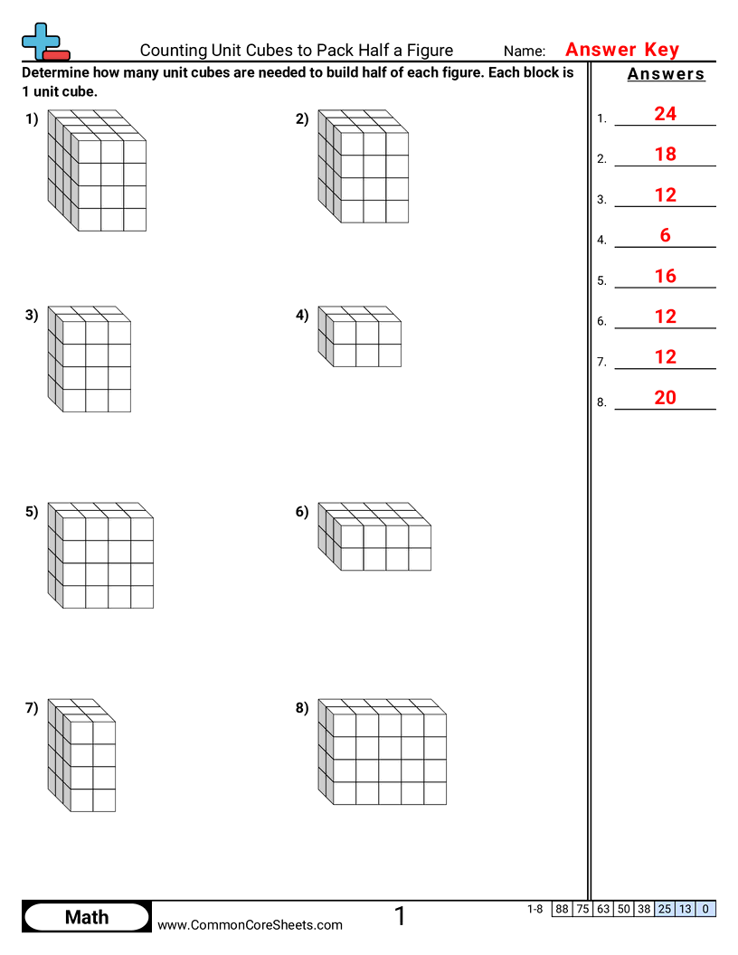 CCSS 5.MD.4 Worksheets - Packing Cubes (Half a Figure) worksheet