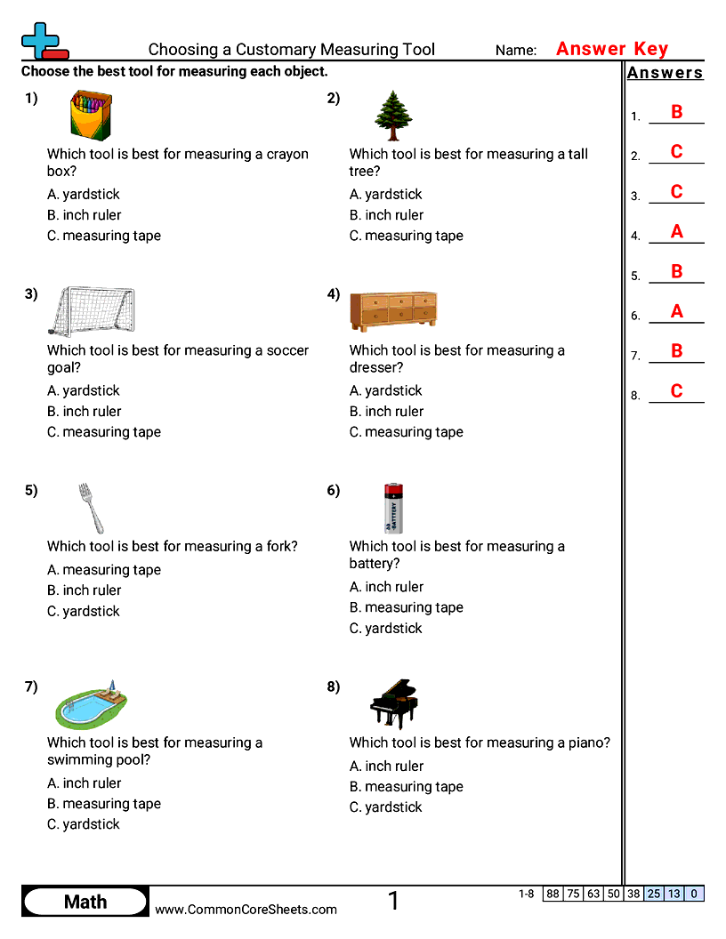 CCSS 2.MD.1 Worksheets - Choosing a Measuring Tool (Customary) worksheet