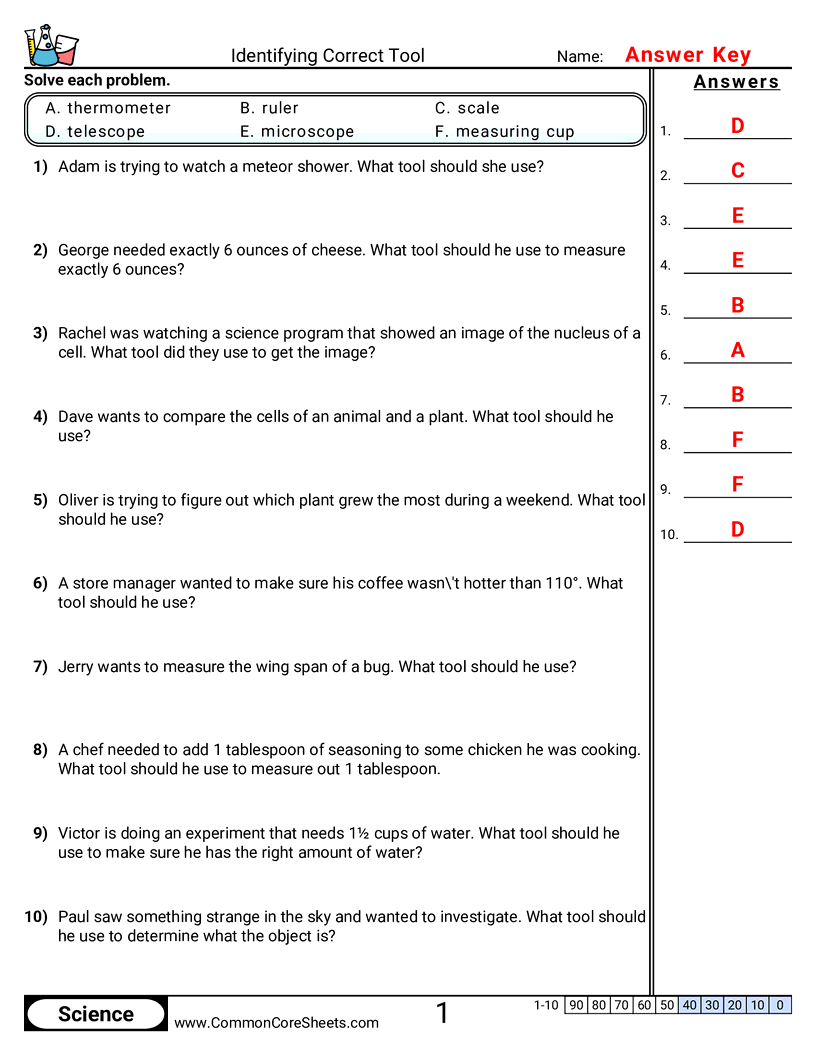 Science Tools Worksheets -  worksheet