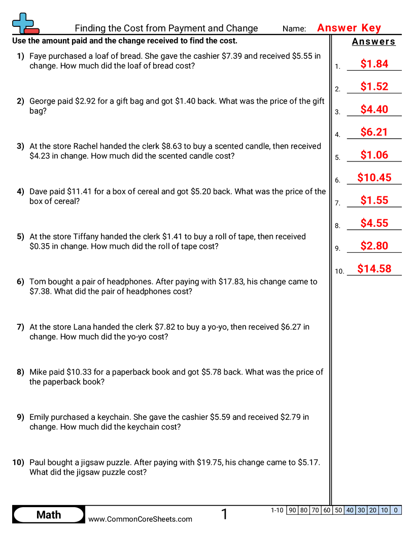 Finding Cost from Payment and Change worksheet preview