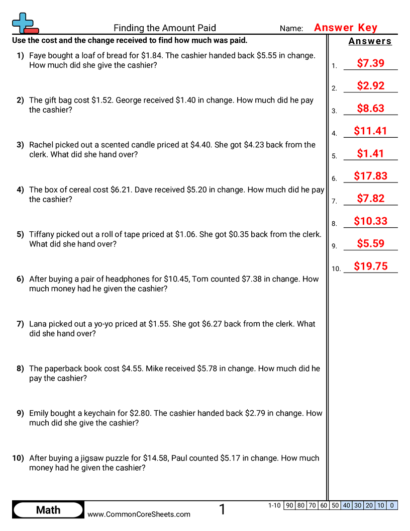 Finding Amount Paid from Cost and Change worksheet preview