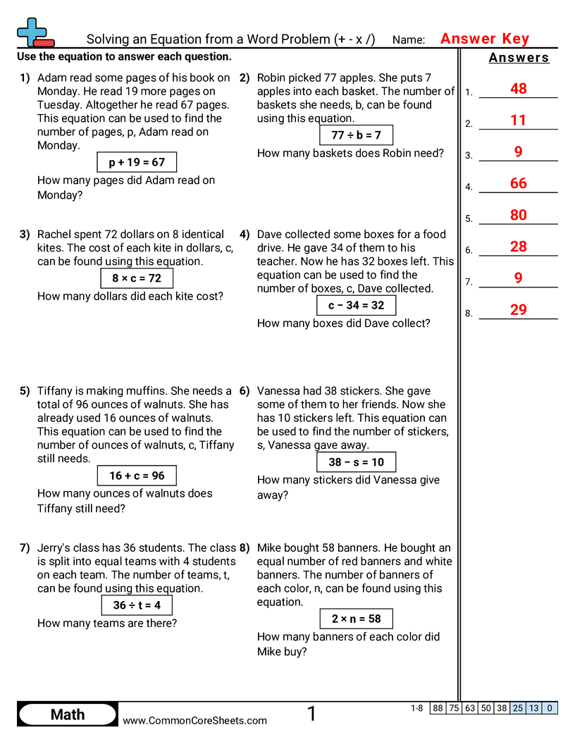 CCSS 4.OA.3 Worksheets - Solving an Equation from a Word Problem (All Operations) worksheet