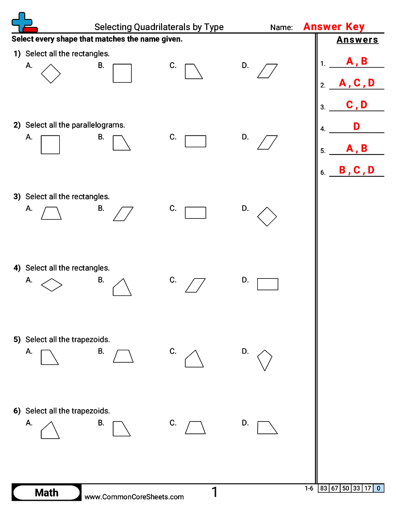Shapes Worksheets - Selecting Quadrilaterals by Type worksheet