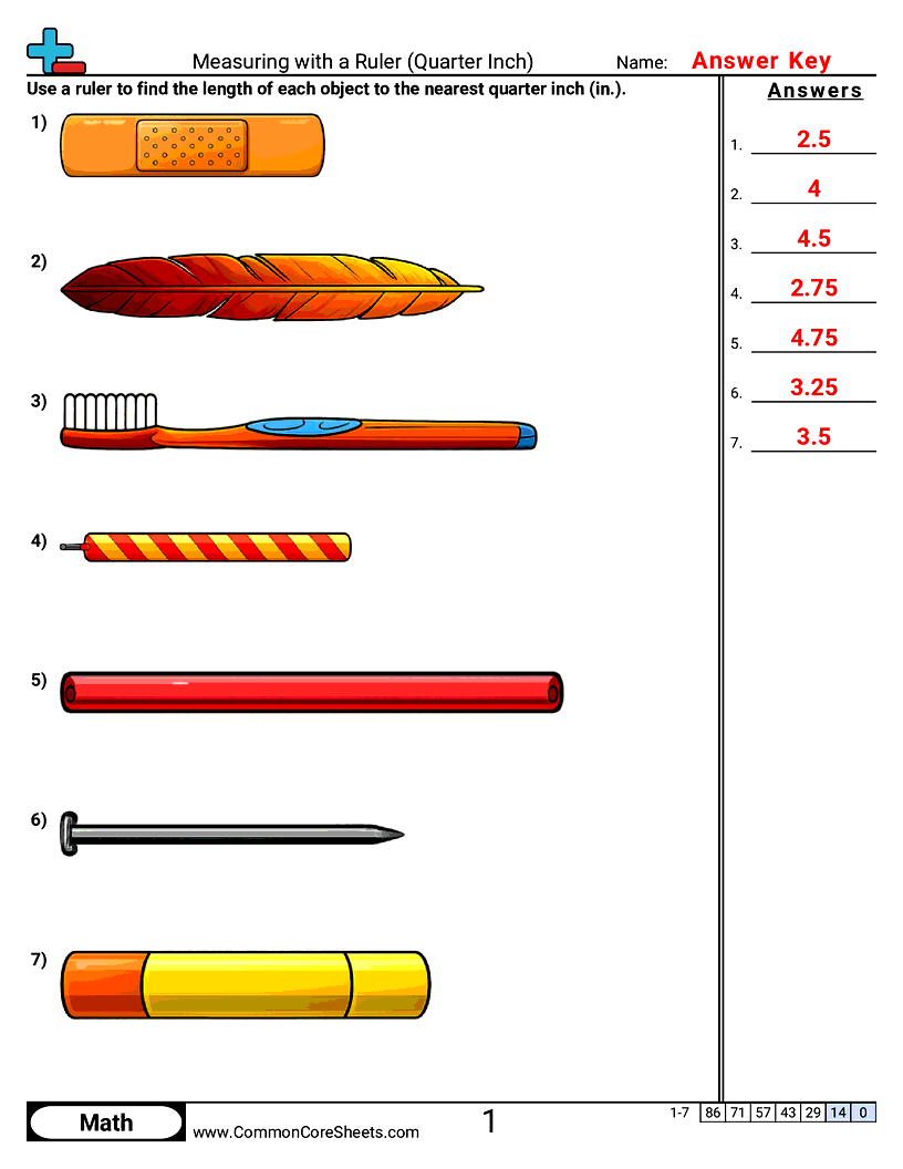 CCSS 2.MD.1 Worksheets - Measuring with a Ruler (Quarter Inch) worksheet