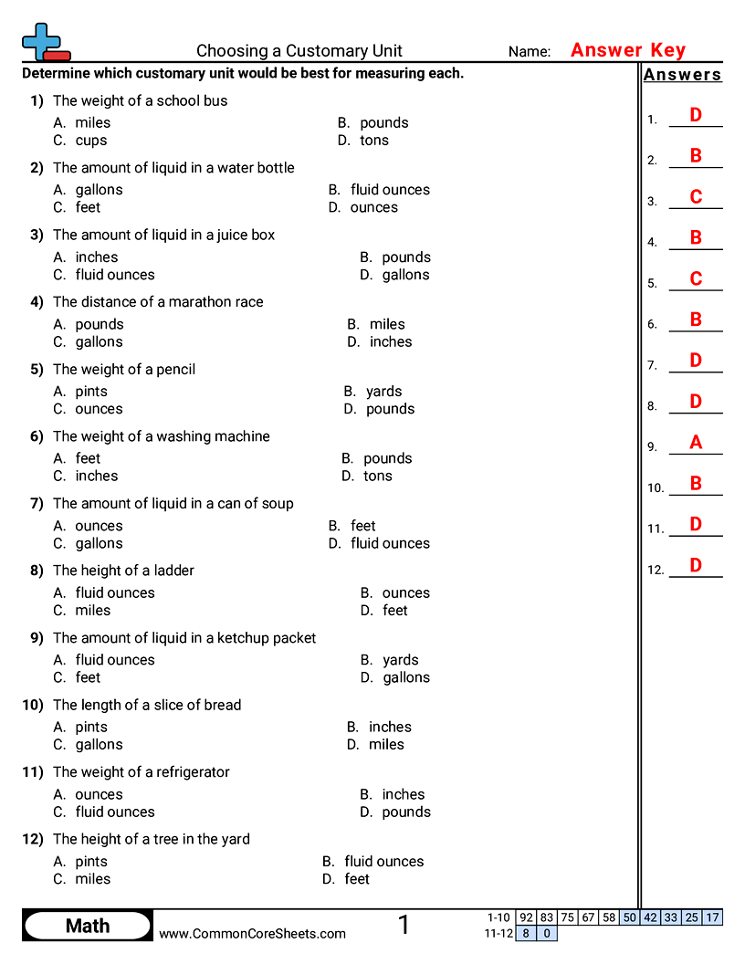 Choosing a Customary Unit worksheet preview