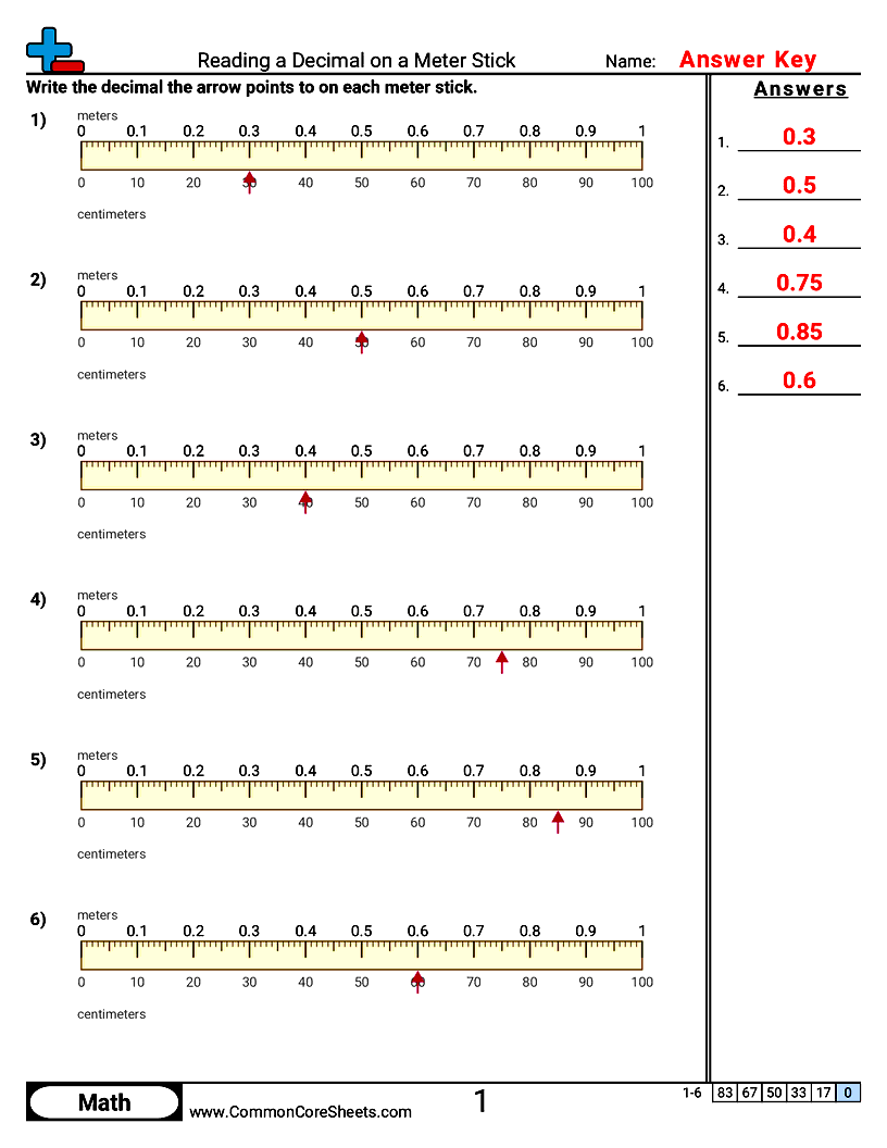 Reading a Decimal on a Meter Stick worksheet preview
