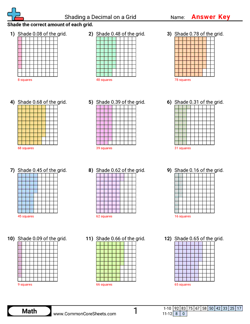 Shading a Decimal on a Grid worksheet preview