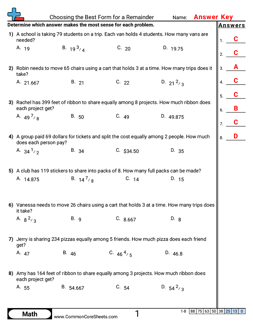 Division Worksheets - Choosing the Best Form for a Remainder worksheet
