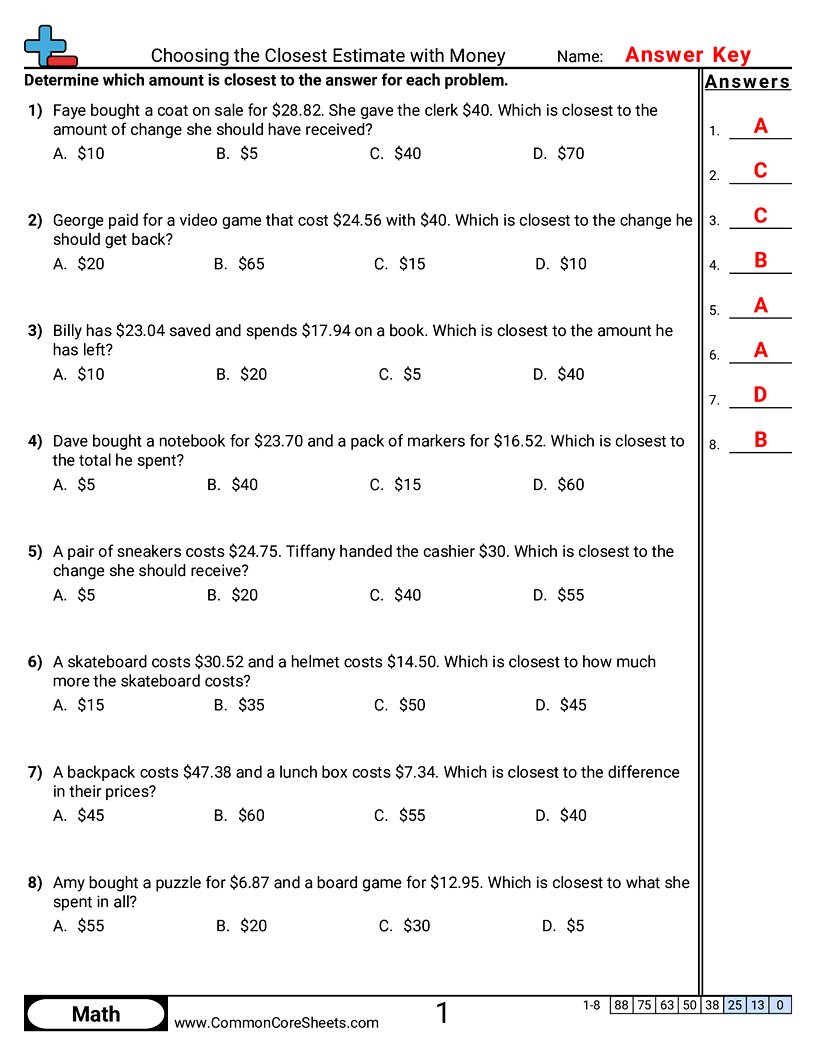 CCSS 5.NBT.7 Worksheets - Choosing the Closest Estimate with Money worksheet