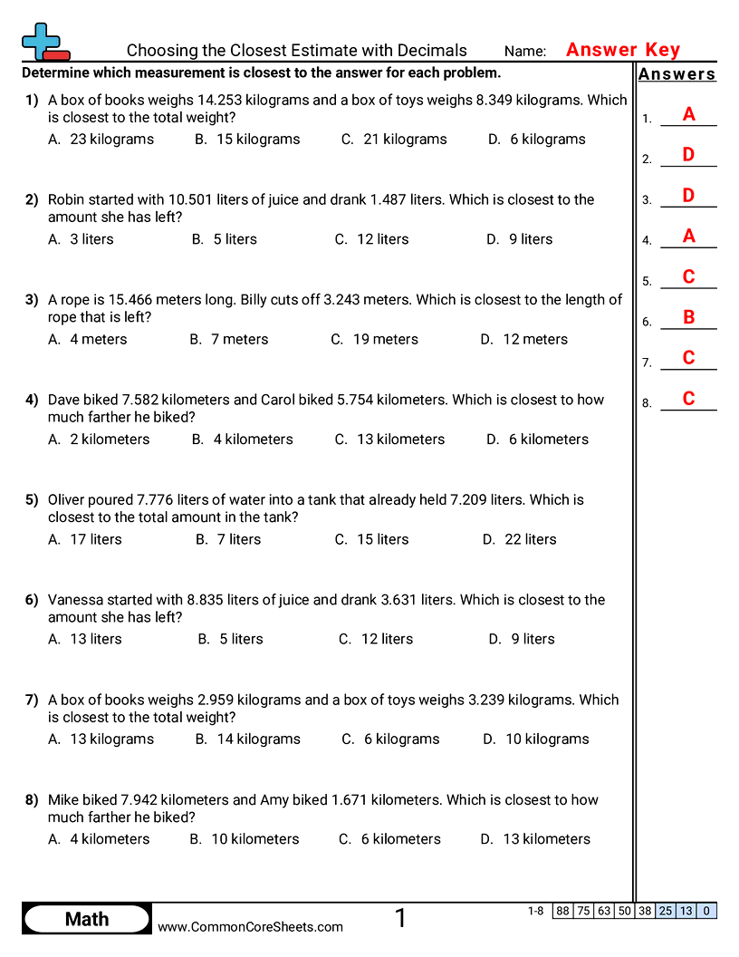 CCSS 5.NBT.7 Worksheets - Choosing the Closest Estimate with Decimals worksheet