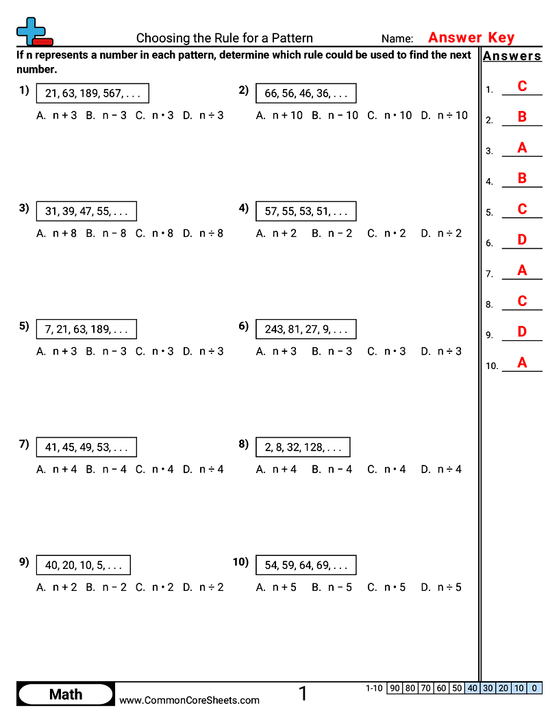 Horizontal Patterns & Function Machine Worksheets - Choosing the Rule for a Pattern worksheet