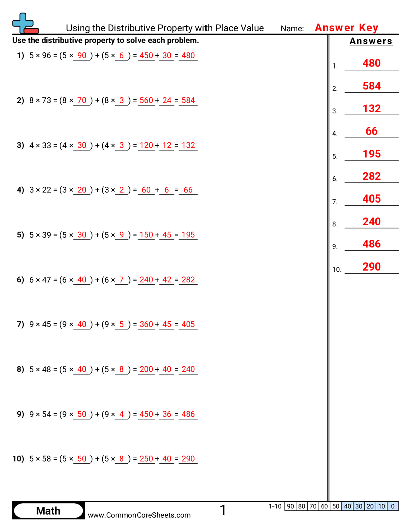 Using the Distributive Property with Place Value worksheet preview