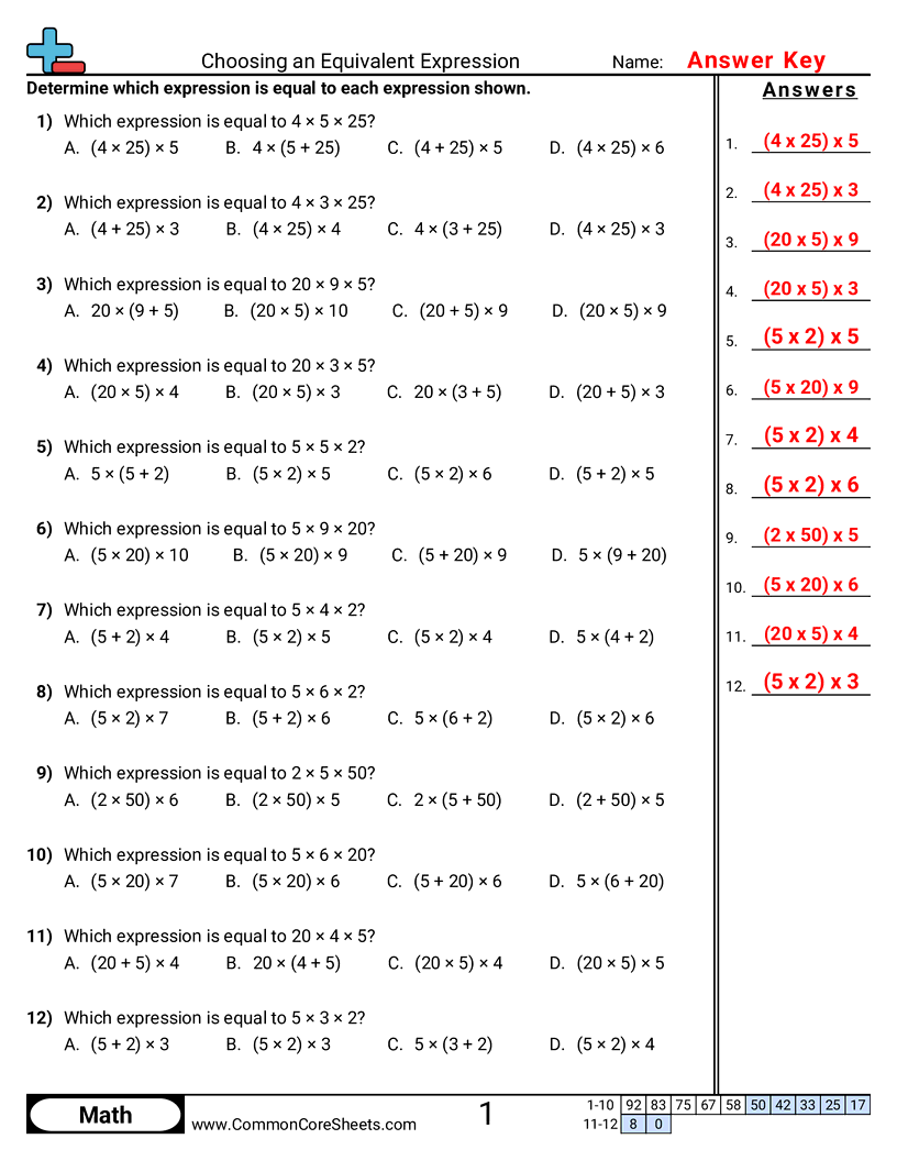 Choosing an Equivalent Expression worksheet preview