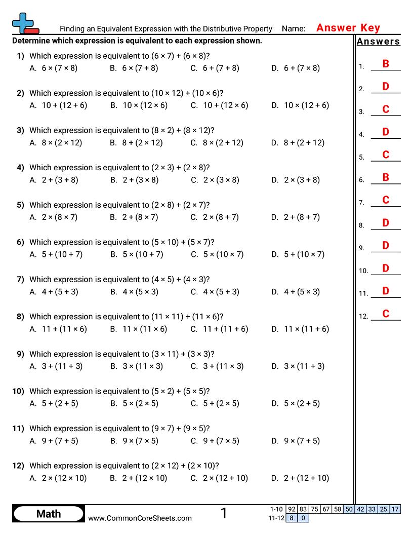 Finding an Equivalent Expression with the Distributive Property worksheet preview