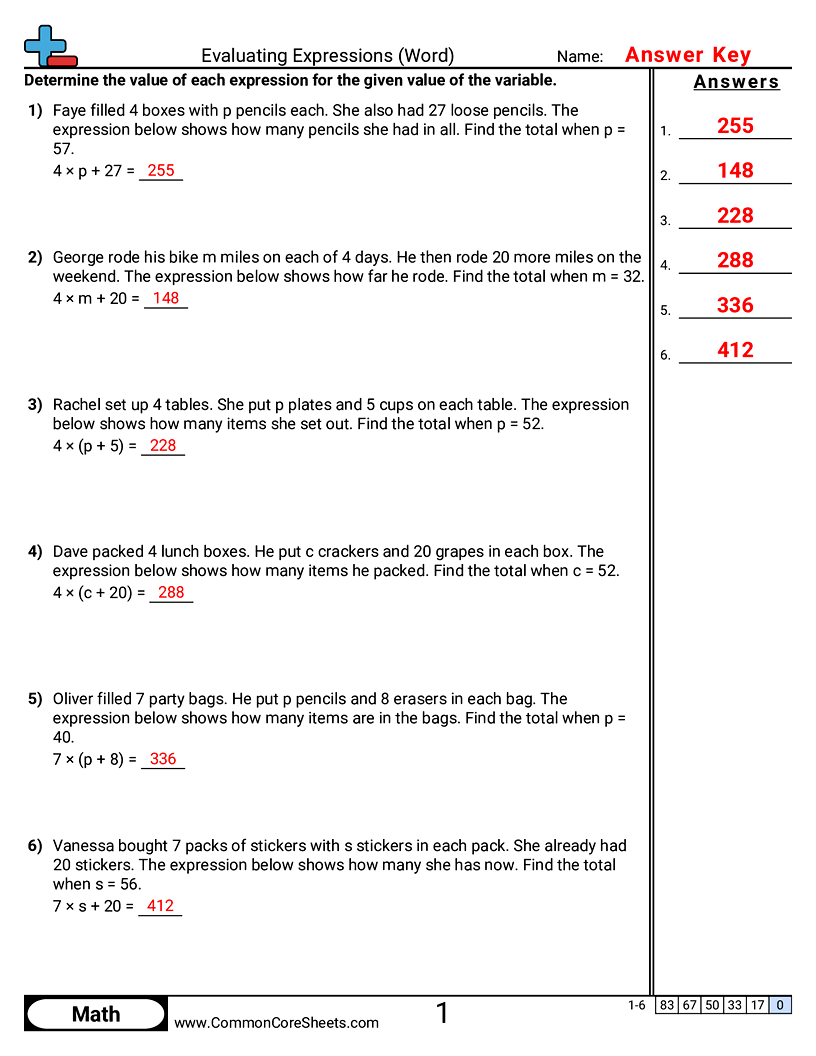 Algebra Worksheets - Evaluating Expressions (Word) worksheet