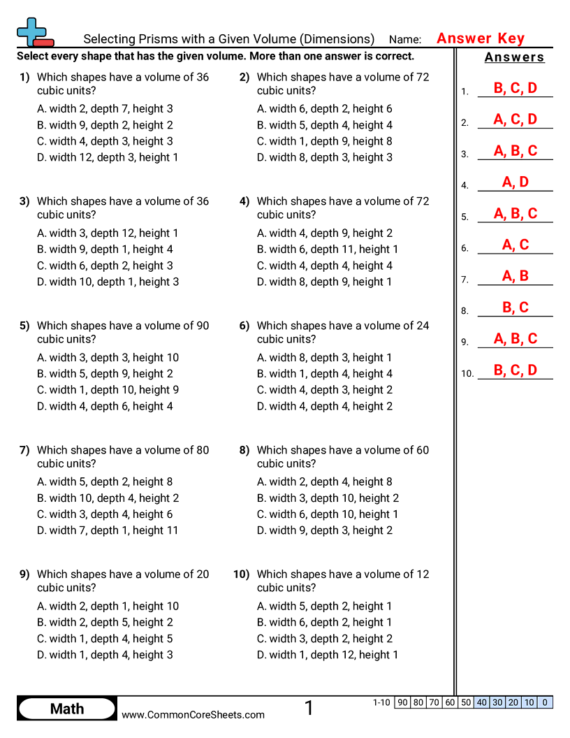 CCSS 5.MD.4 Worksheets - Selecting Prisms with a Given Volume (Dimensions) worksheet