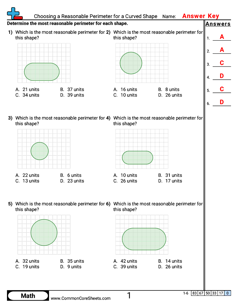 Area & Perimeter Worksheets - Choosing a Reasonable Perimeter for a Curved Shape worksheet