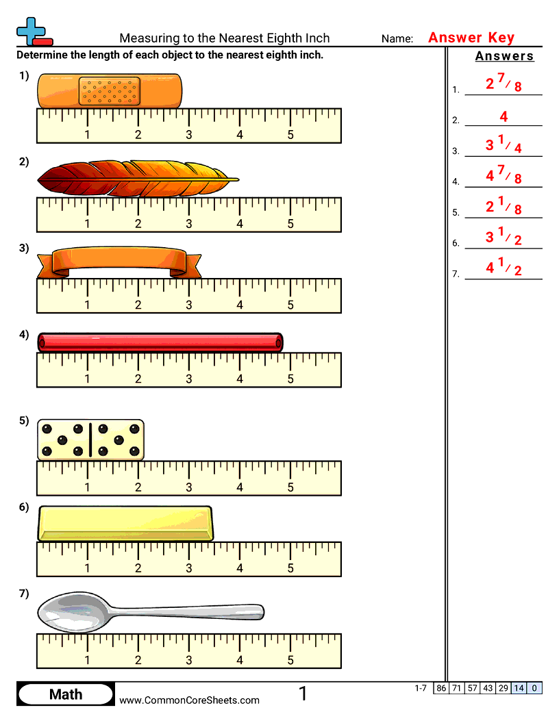 CCSS 2.MD.1 Worksheets - Measuring to the Nearest Eighth Inch worksheet