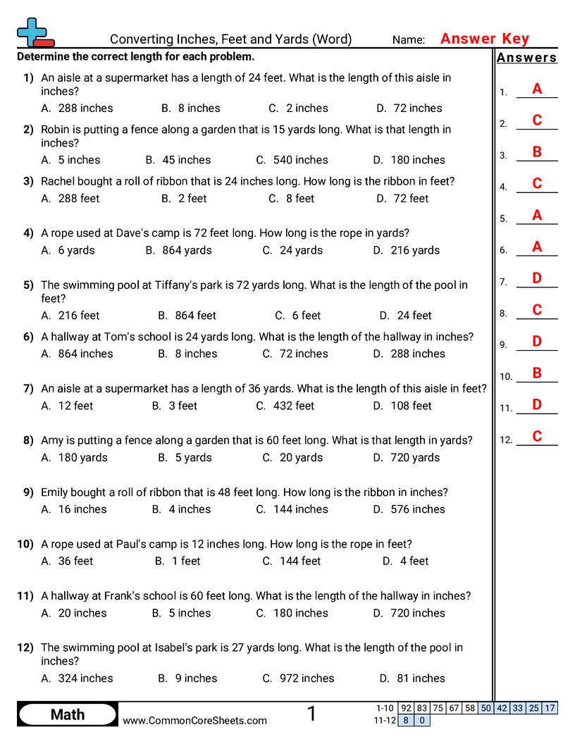 CCSS 5.MD.1 Worksheets - Converting Inches, Feet and Yards (Word) worksheet