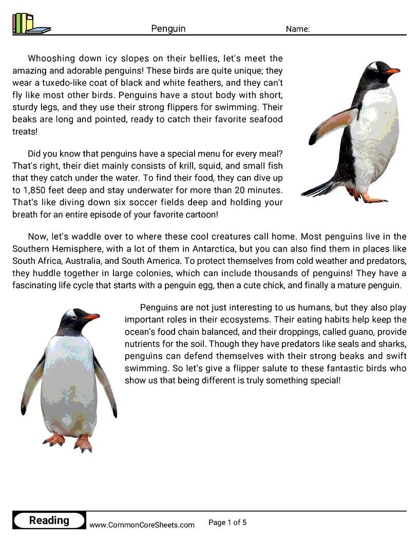 Reading Comprehension Birds Worksheets - penguin worksheet