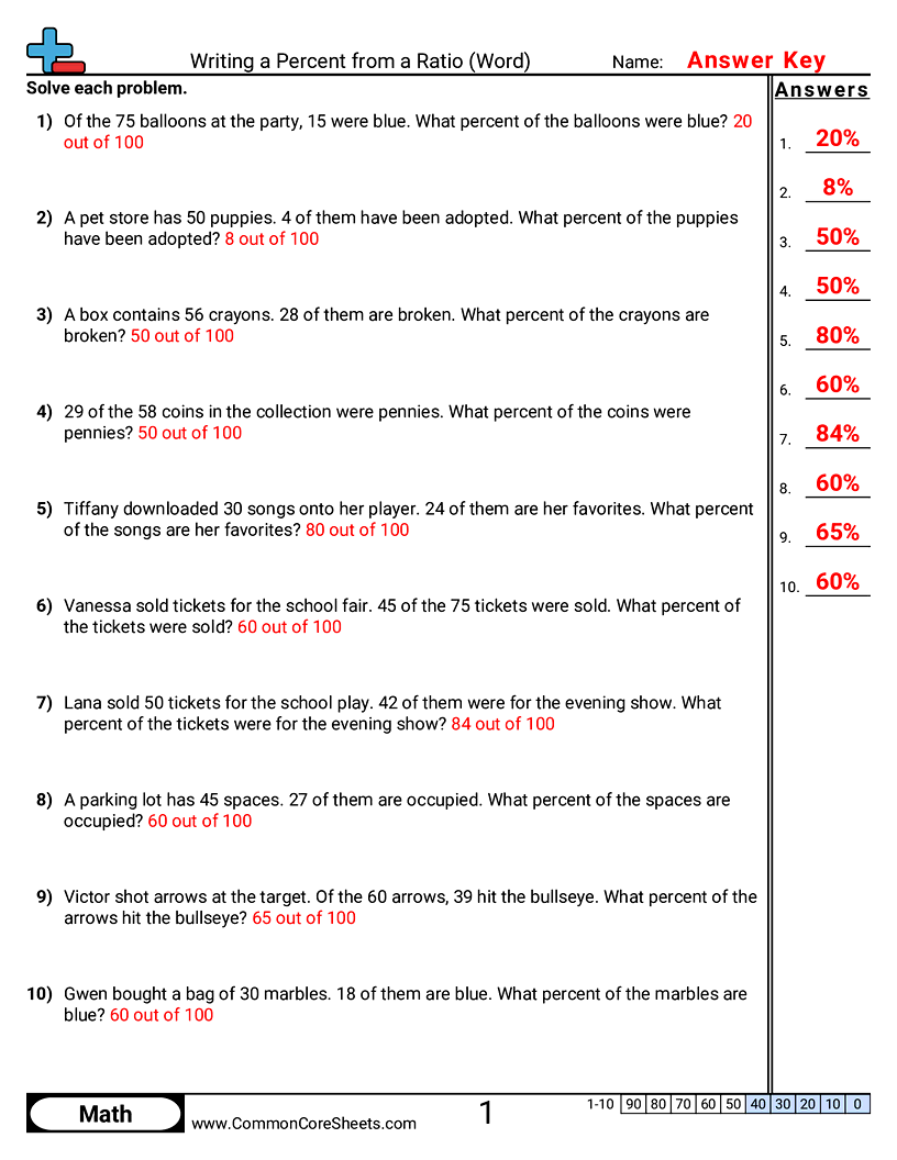 Percent Worksheets - Writing a Percent from a Ratio (Word) worksheet