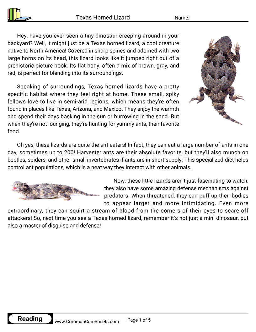 Reading Comprehension Reptiles - texas-horned-lizard worksheet