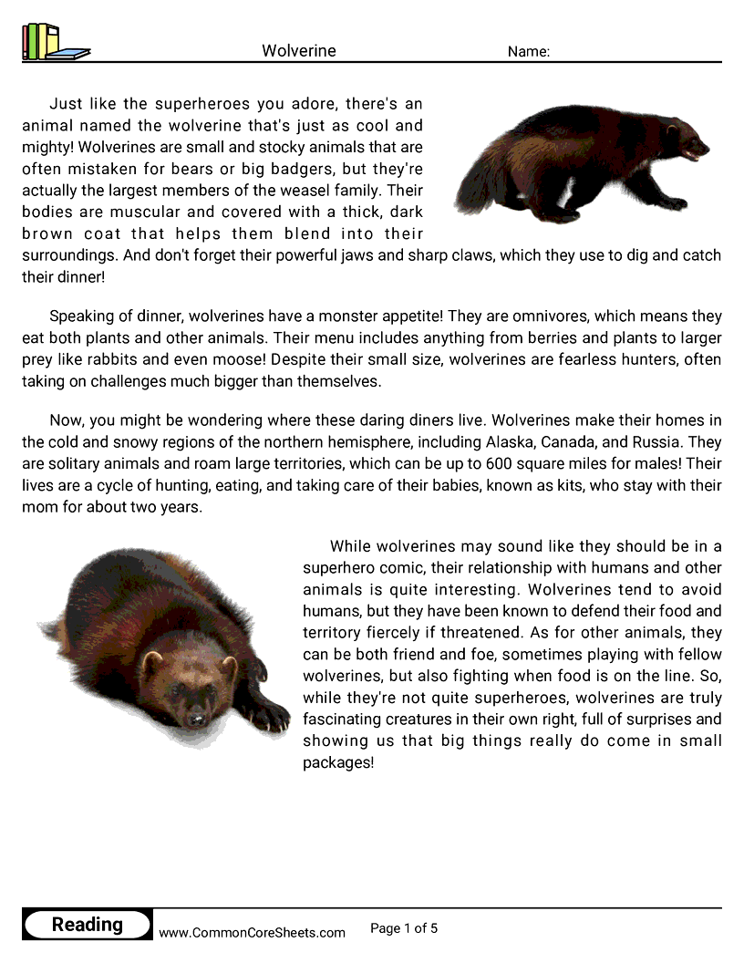 Reading Comprehension Mammals - wolverine worksheet