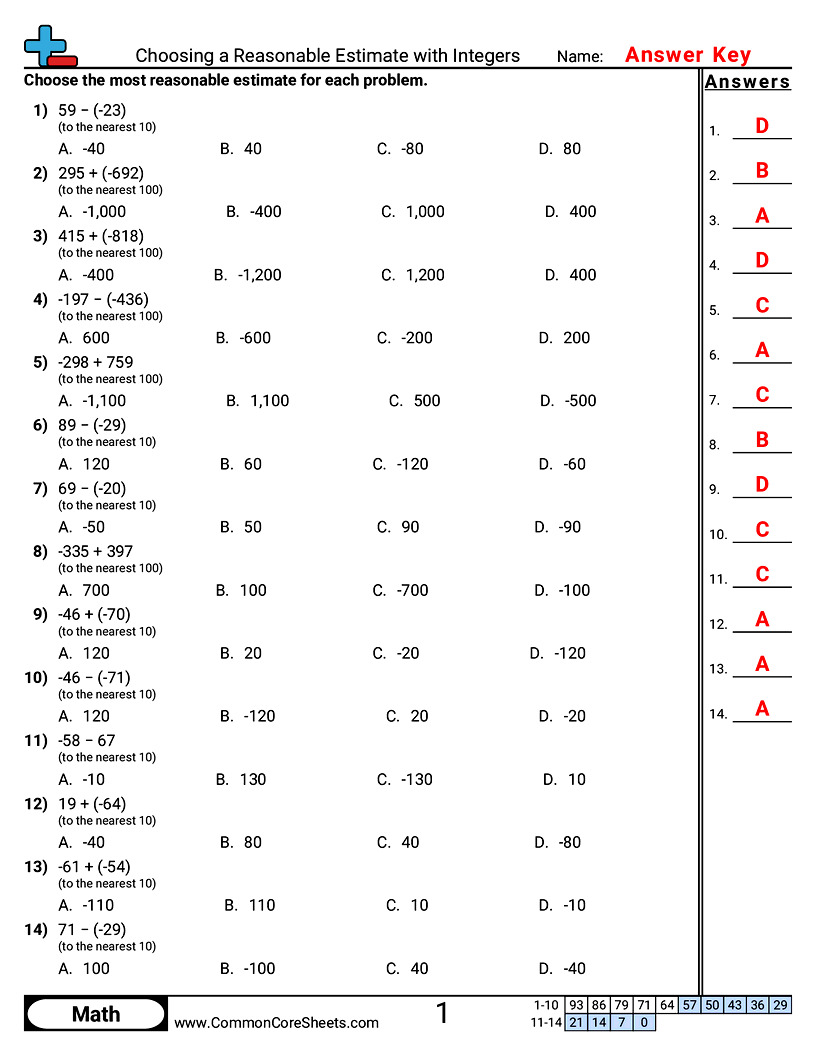 Vertical Negative Number Worksheets - Choosing a Reasonable Estimate with Integers worksheet