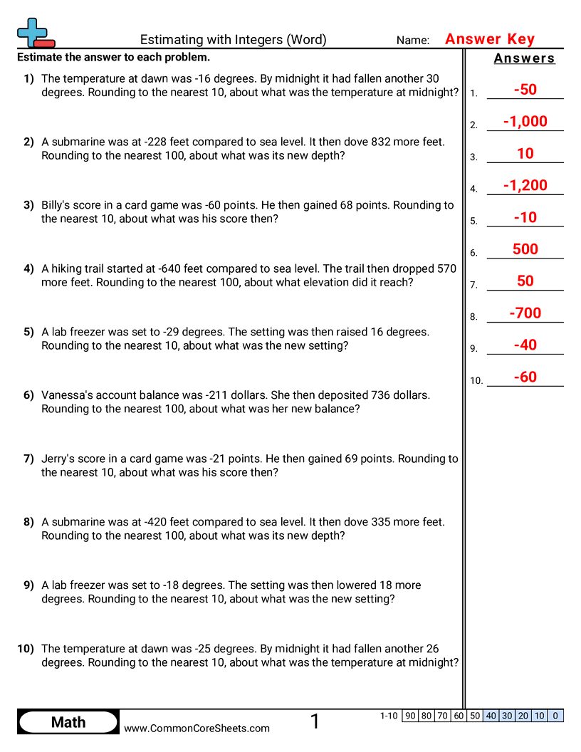 Vertical Negative Number Worksheets - Estimating with Integers (Word) worksheet