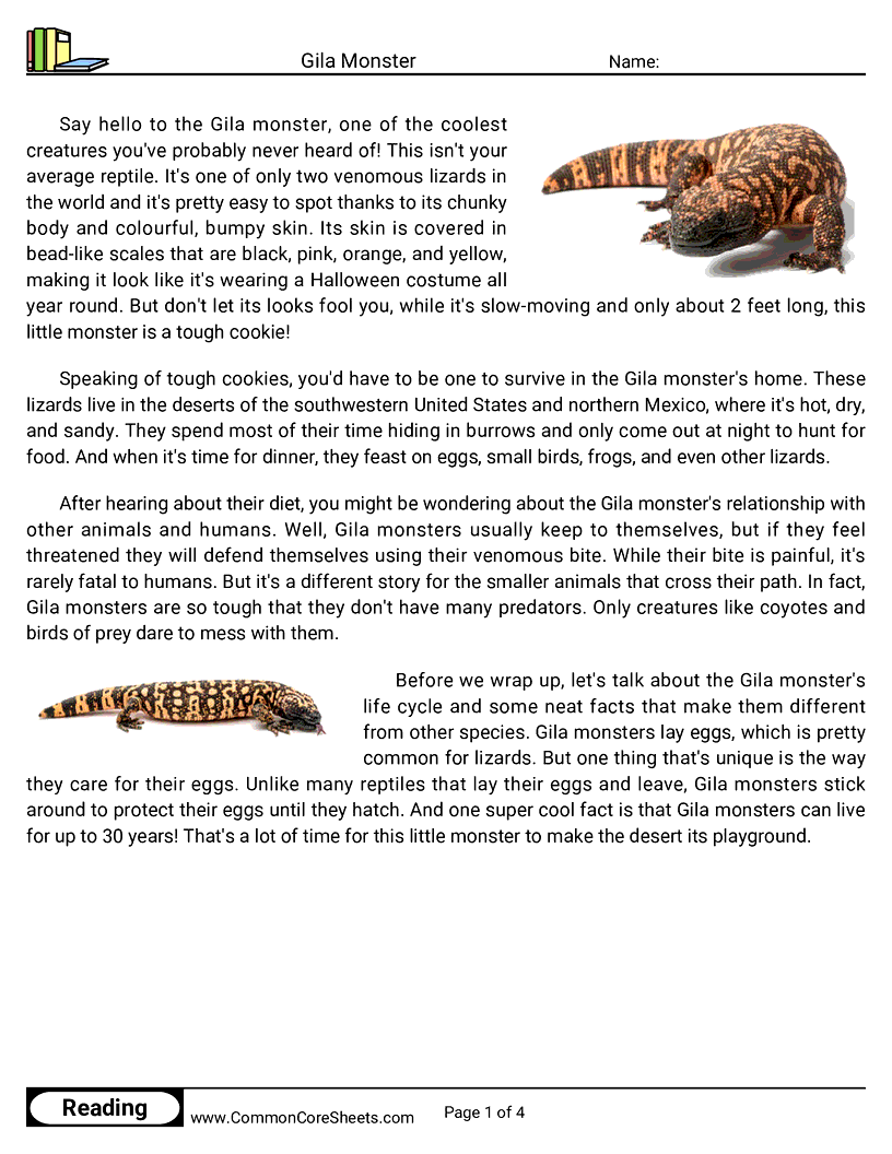 Reading Comprehension Reptiles - gila-monster worksheet