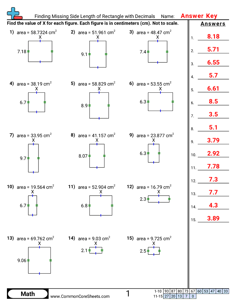 Area & Perimeter Worksheets - finding-missing-side-length-of-rectangle-with-decimals worksheet