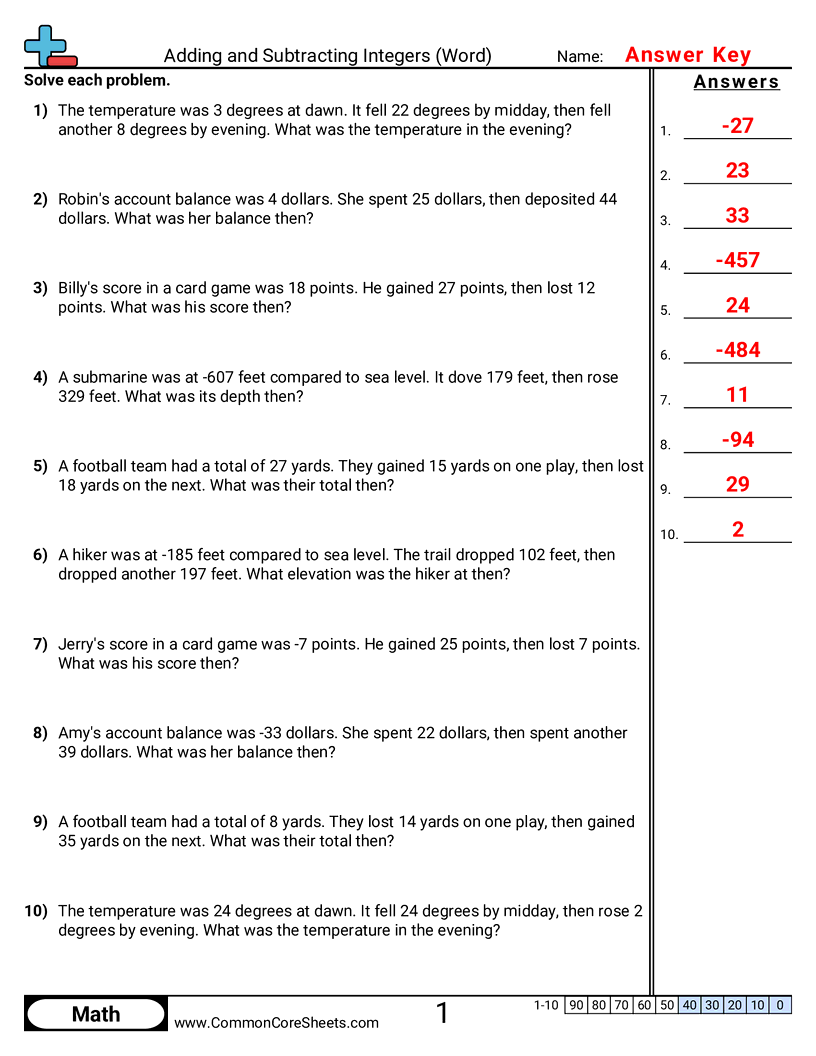 Vertical Negative Number Worksheets - Adding and Subtracting Integers (Word) worksheet