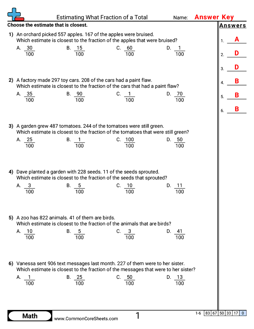 Rounding Worksheets - Estimating What Fraction of a Total worksheet