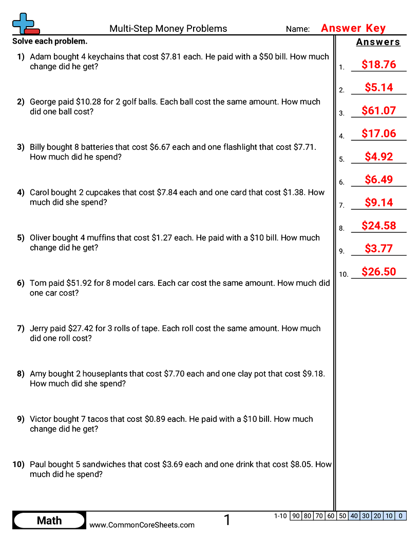Multistep Worksheets - Multi-Step Money Problems worksheet