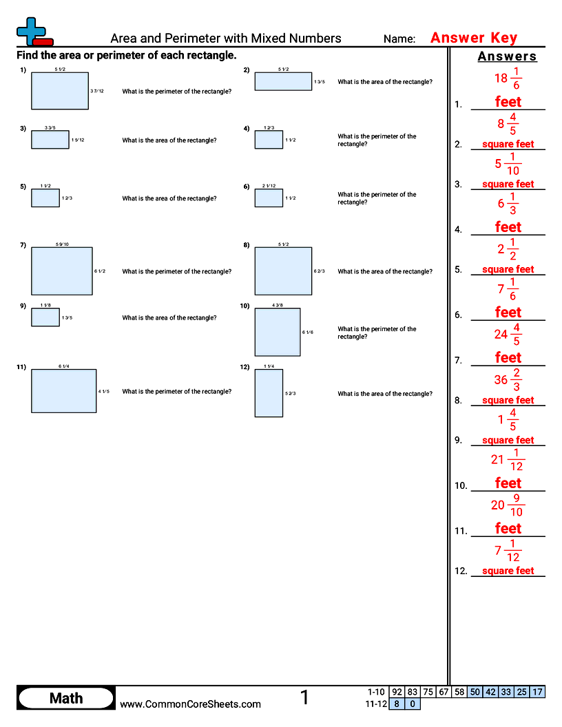 Area & Perimeter Worksheets - Area and Perimeter with Mixed Numbers worksheet