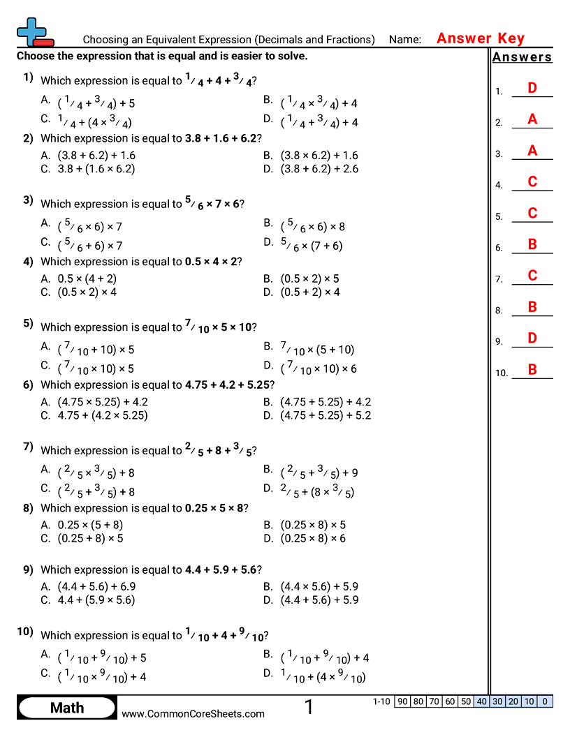 CCSS 6.EE.3 Worksheets - Choosing an Equivalent Expression (Decimals and Fractions) worksheet