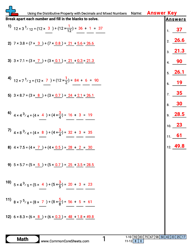 Using the Distributive Property with Decimals and Mixed Numbers worksheet preview