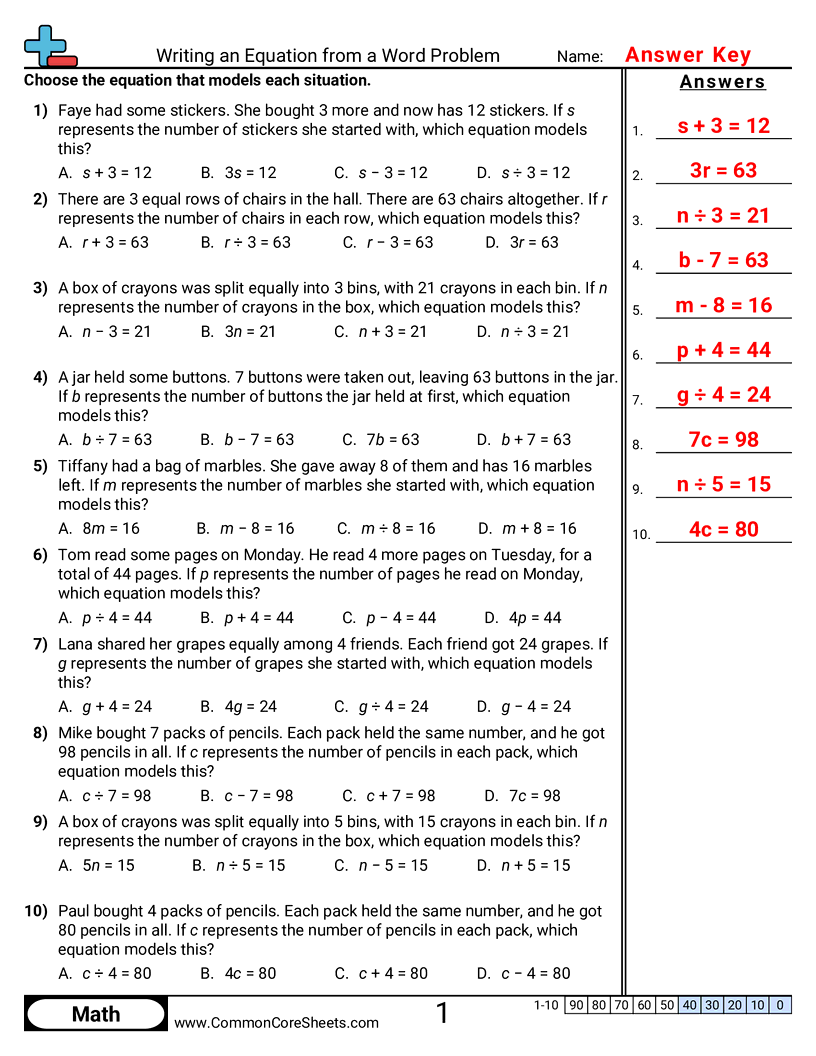 Algebra Worksheets - Writing an Equation from a Word Problem worksheet