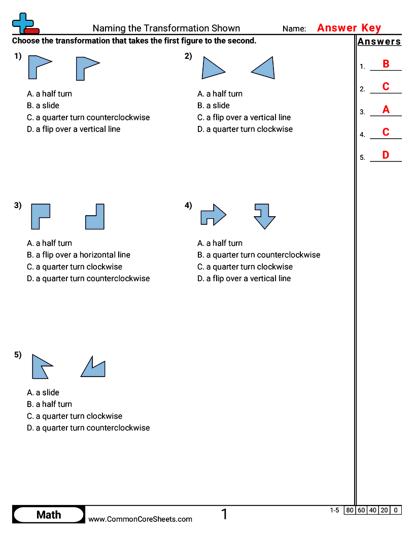 Shapes Worksheets - Naming the Transformation Shown worksheet