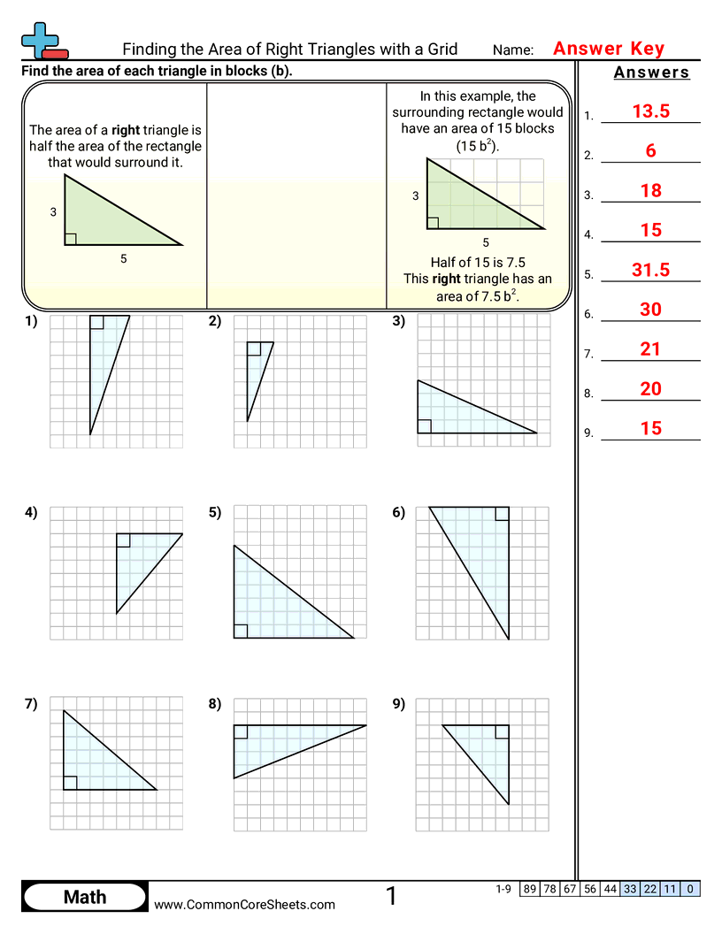 Area & Perimeter Worksheets - finding-the-area-of-right-triangles-with-a-grid worksheet